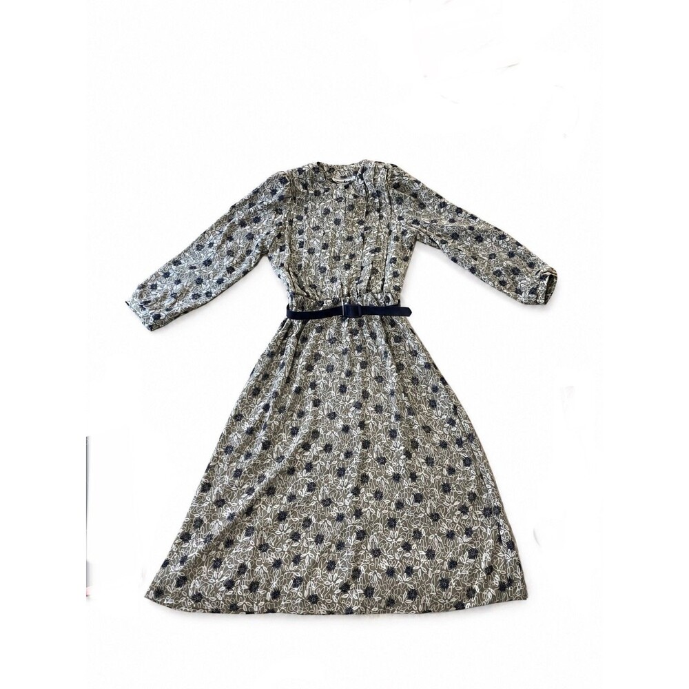 VTG 80s 90s Kenny Classics Midi Dress 14 Gray Blue Floral Long Sleeve Belted USA